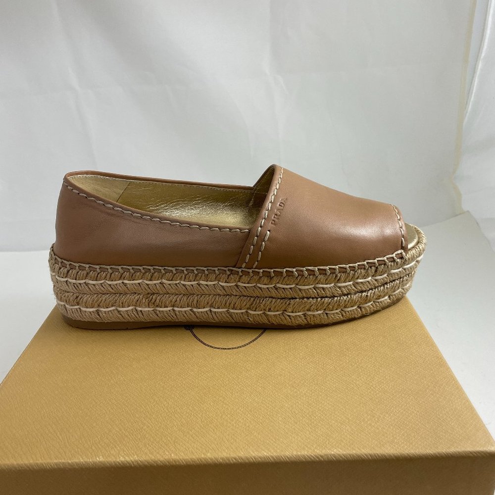 Prada 31121 Nude Leather Peep toe Platform Espadrille Sandal